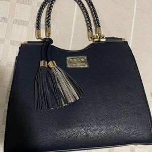 bebe Navy and Gold Shoulder Bag with Tassels